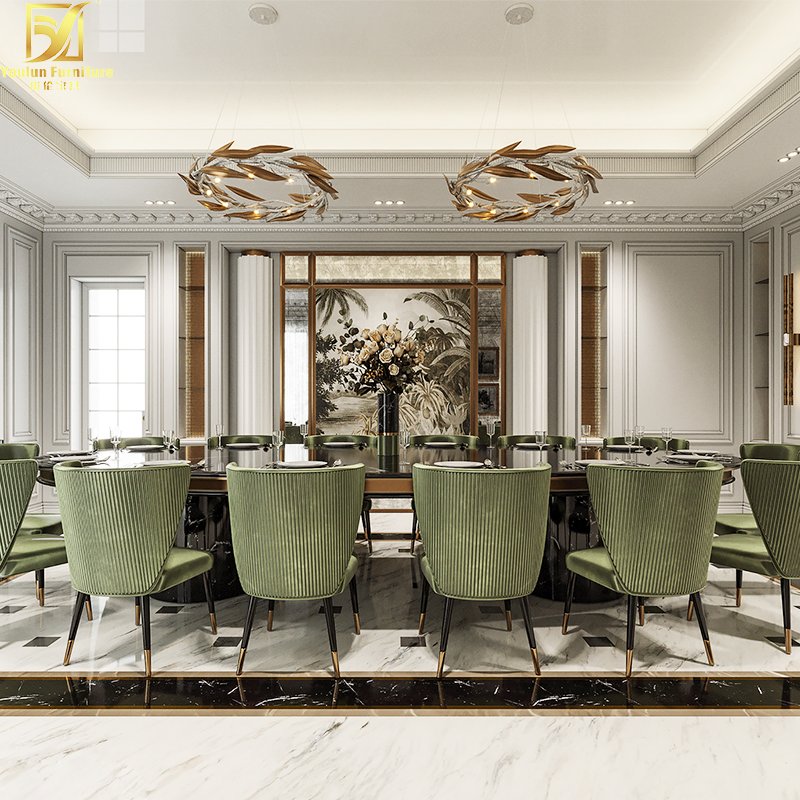 Dinning room furniture italian luxury modern oval shape metal frame marble dining table set 14 seater