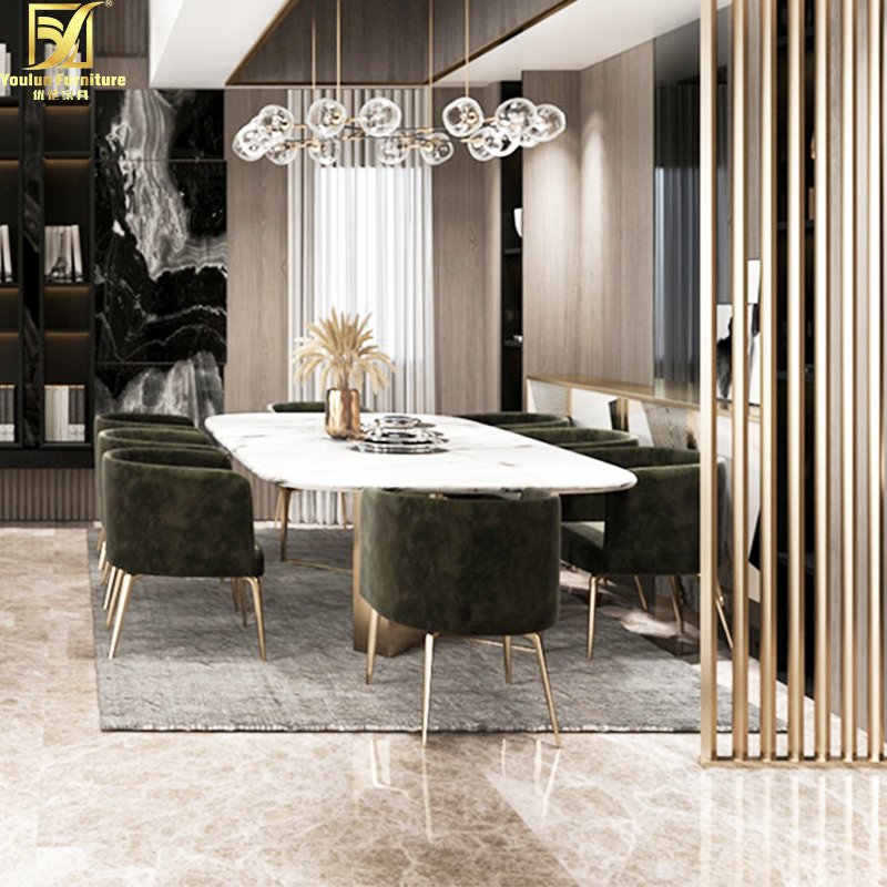 Dinning room furniture italian luxury modern oval shape metal frame marble dining table set 14 seater