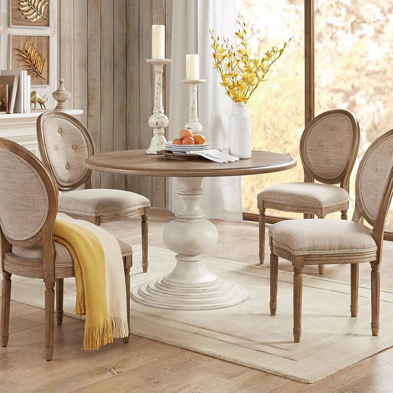 MRS WOODS Luxury French Country Classic Style Reclaimed Wedding Rental Hotel Solid Pedestal Wood Round Dining Table