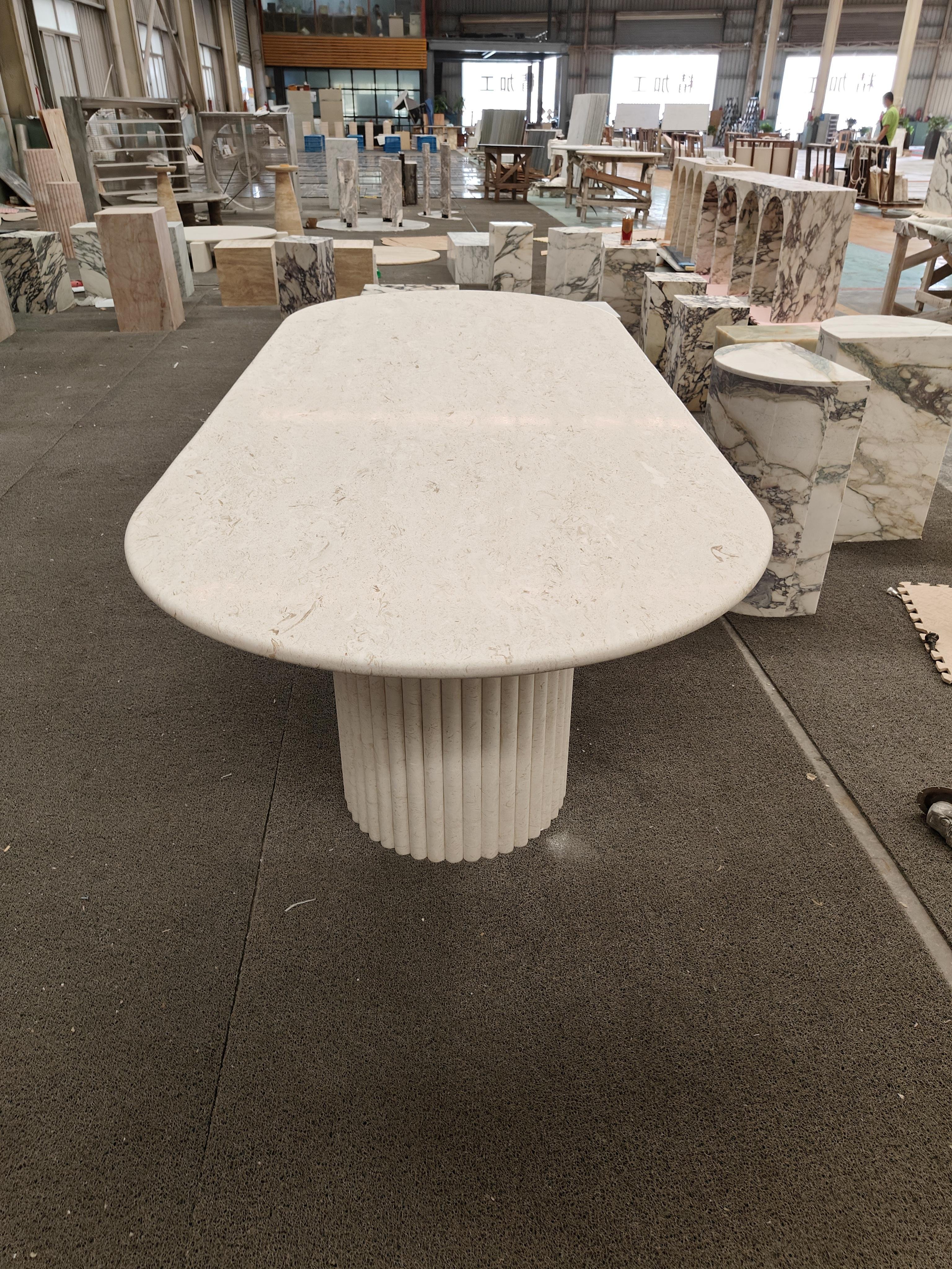 SHIHUI Nordic Modern Natural Stone Luxury White Myra Beige Limestone Marble Dining Table Set Elegant Oval