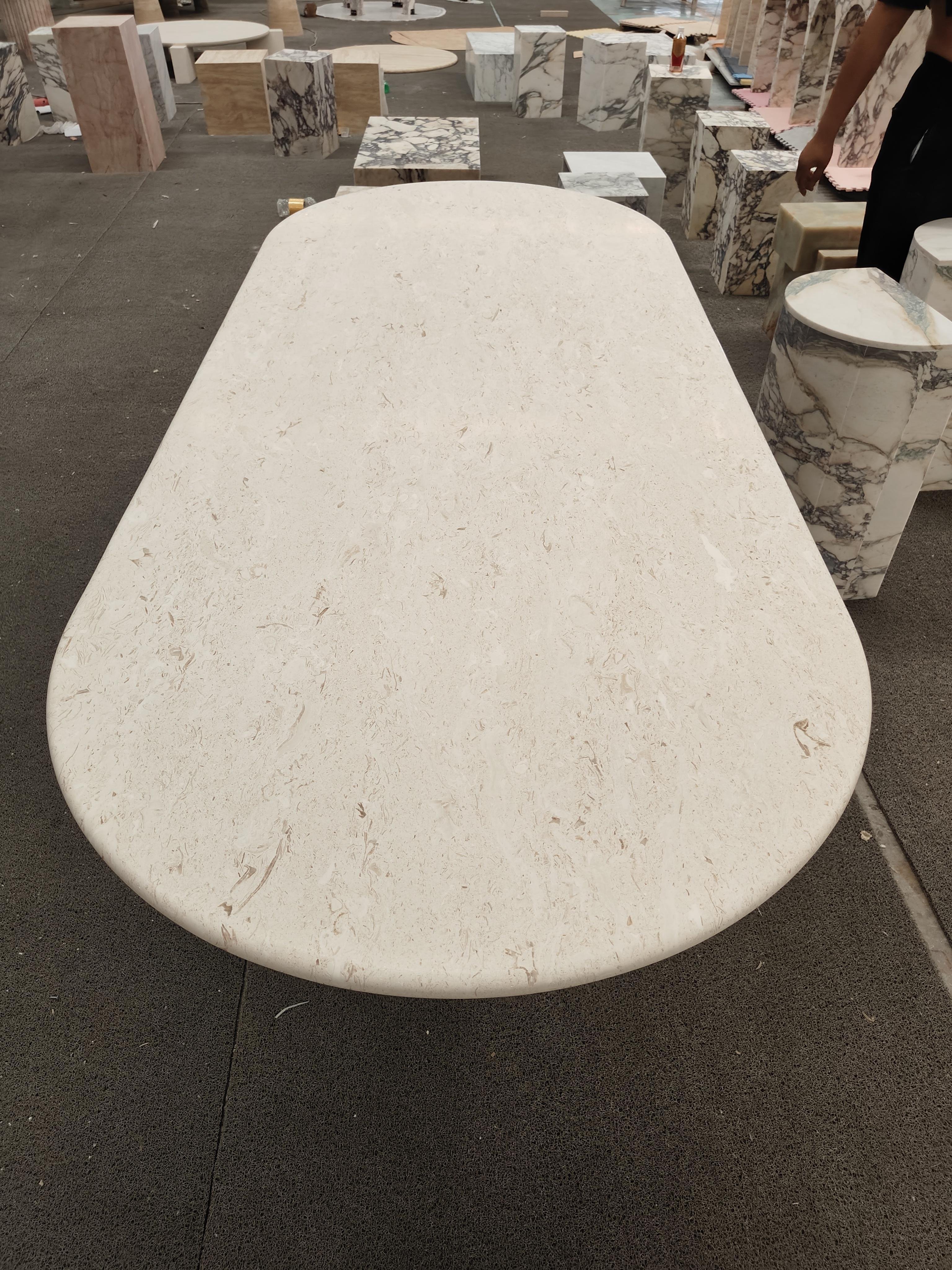 SHIHUI Nordic Modern Natural Stone Luxury White Myra Beige Limestone Marble Dining Table Set Elegant Oval