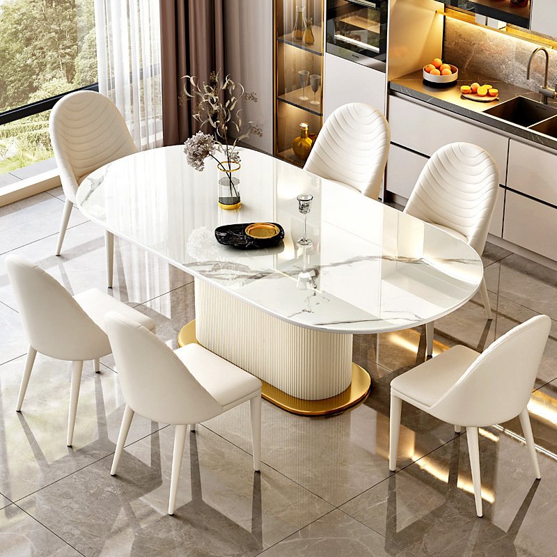 Italian minimalist cream style light luxury Round Table Rock board dining table and chair combination Round Rock board table