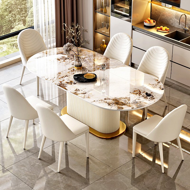 Italian minimalist cream style light luxury Round Table Rock board dining table and chair combination Round Rock board table