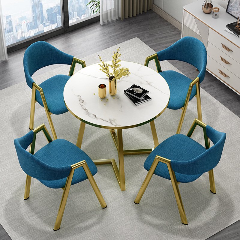Wholesale direct sales small round marble dining table and chair set with golden iron table legs for 2 4 seats