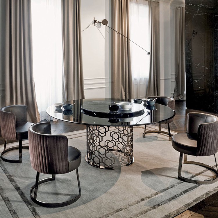 Home kitchen tempering glass stainless steel Meja Makan modern round marble dining table with lazy susan