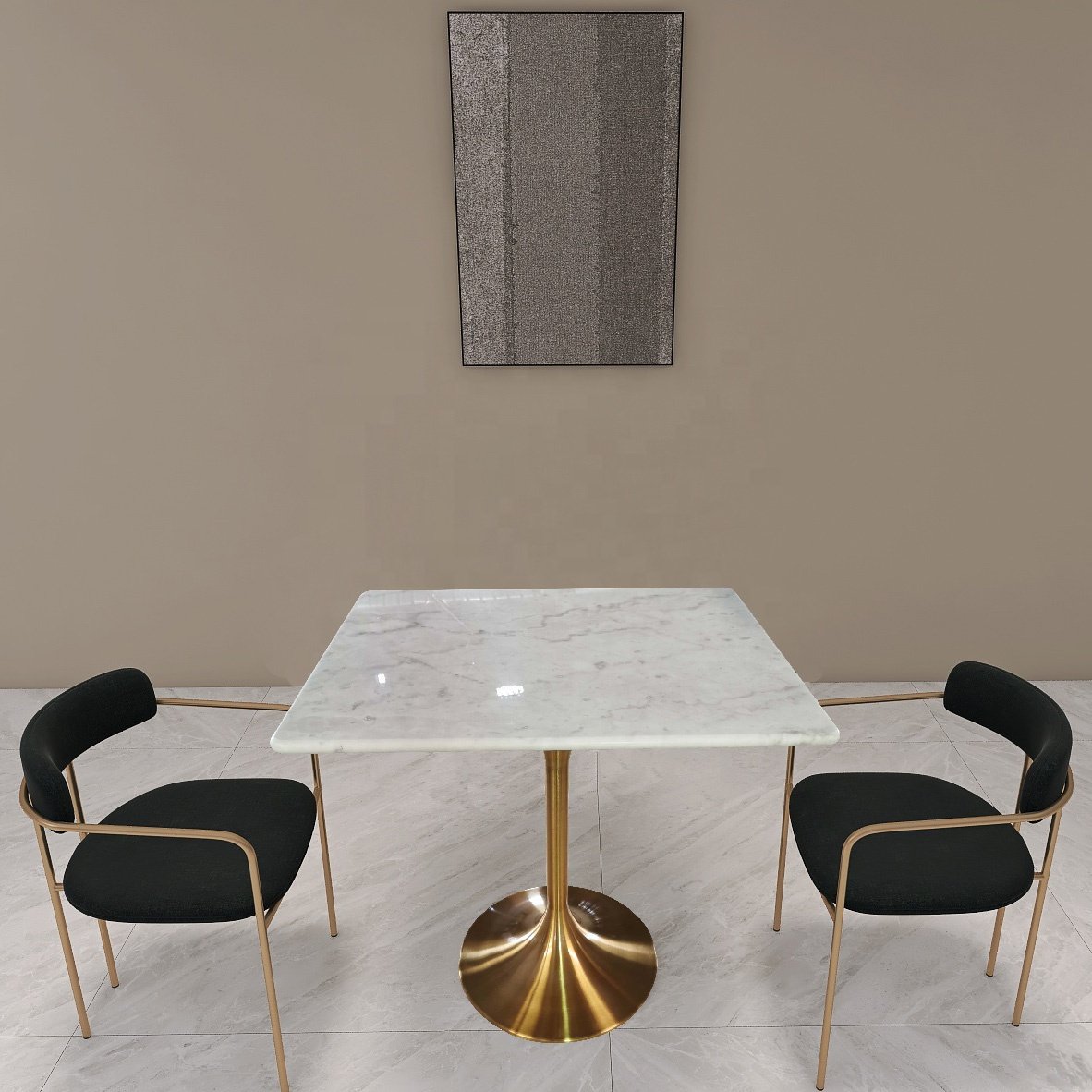 Wholesale Rectangular White Marble Dining table Set 4 Seater Golden Stainless Steel Tulip Base