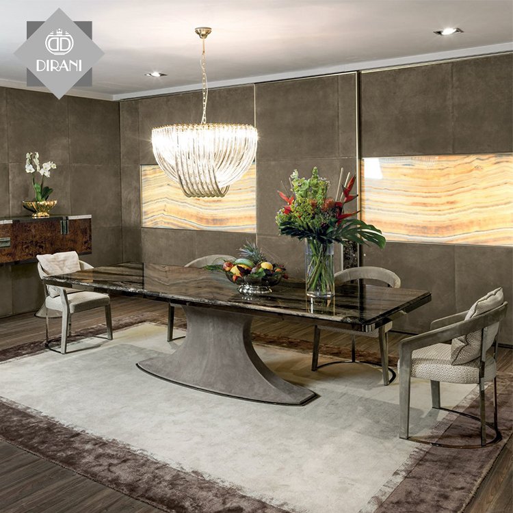 Luxury metal dining table unique shape dining table designs marble top dining table and chair sets
