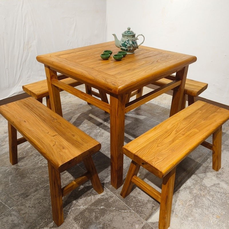 Old Yumu Retro Weathered Solid Wood Furniture Square Dining Table with Long Bench and Zen Elf for Living Room and Hotels