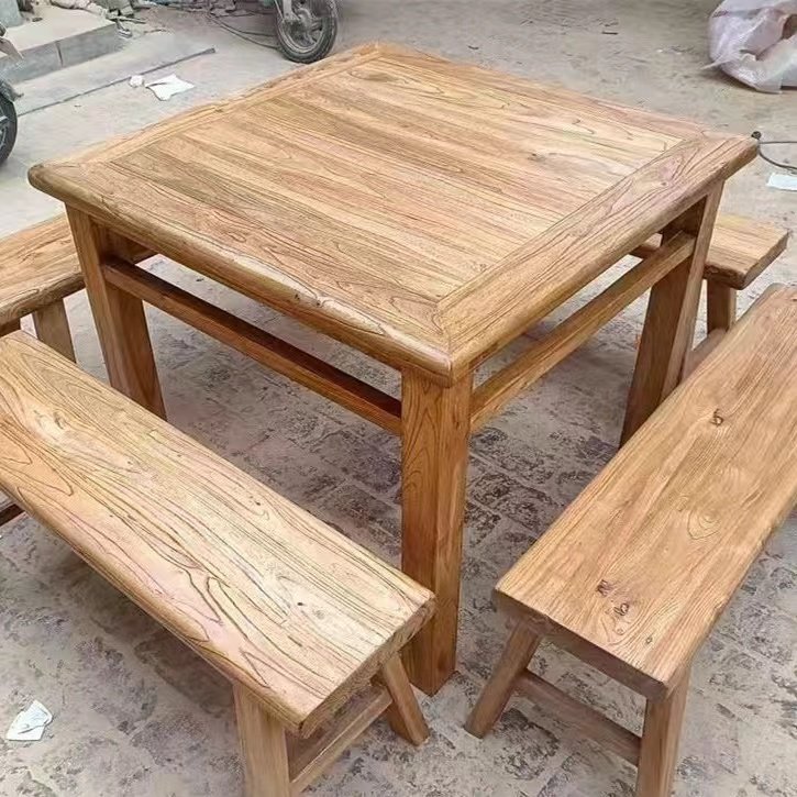 Old Yumu Retro Weathered Solid Wood Furniture Square Dining Table with Long Bench and Zen Elf for Living Room and Hotels
