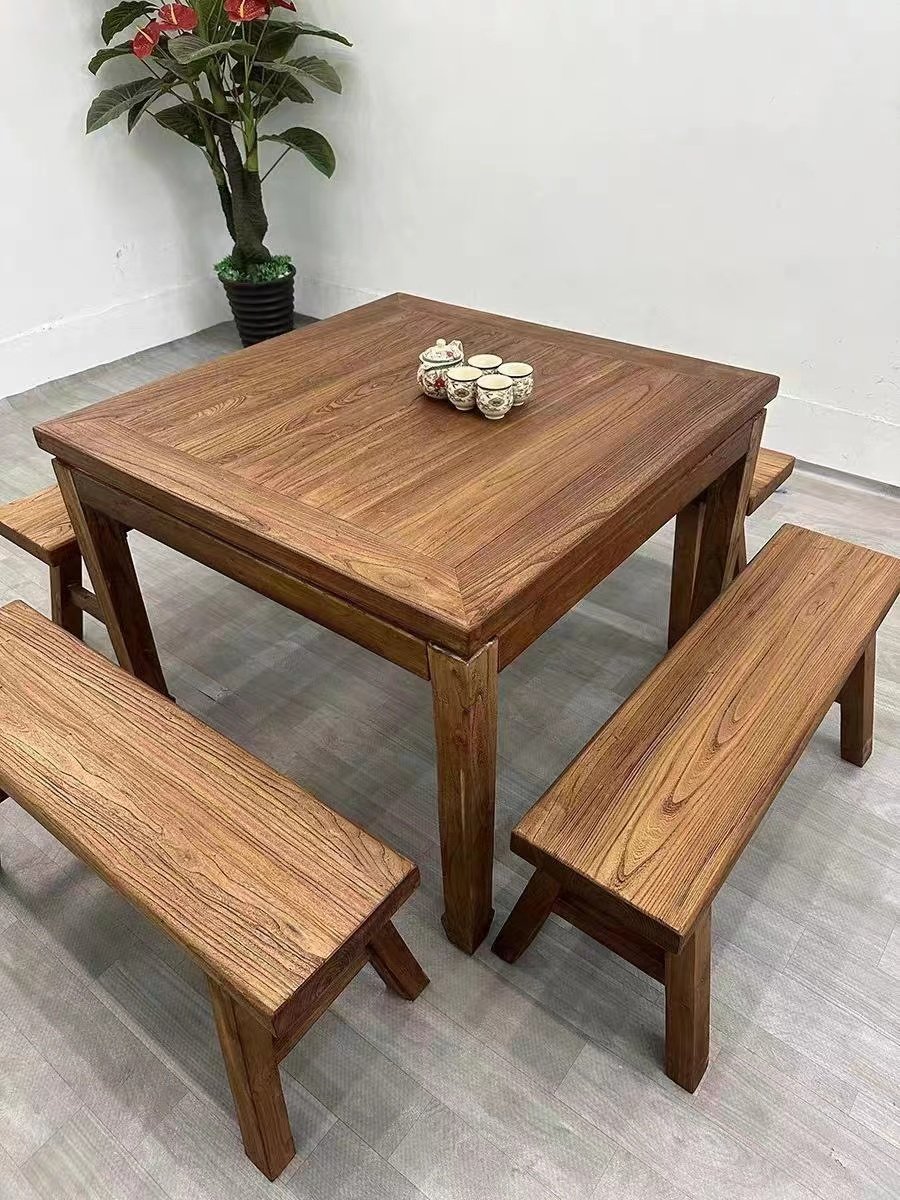 Old Yumu Retro Weathered Solid Wood Furniture Square Dining Table with Long Bench and Zen Elf for Living Room and Hotels