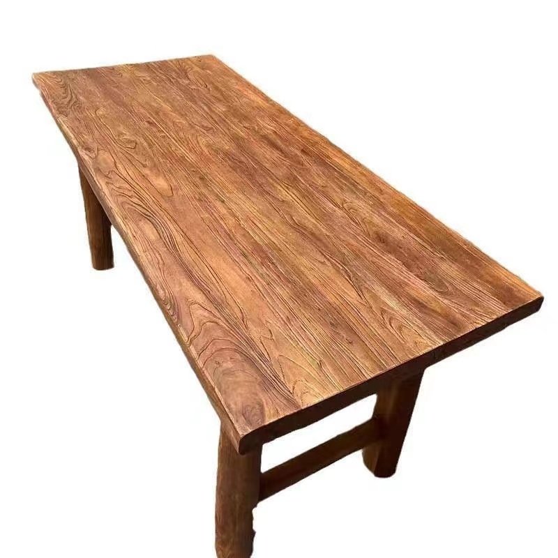 Old Yumu Retro Weathered Solid Wood Furniture Square Dining Table with Long Bench and Zen Elf for Living Room and Hotels