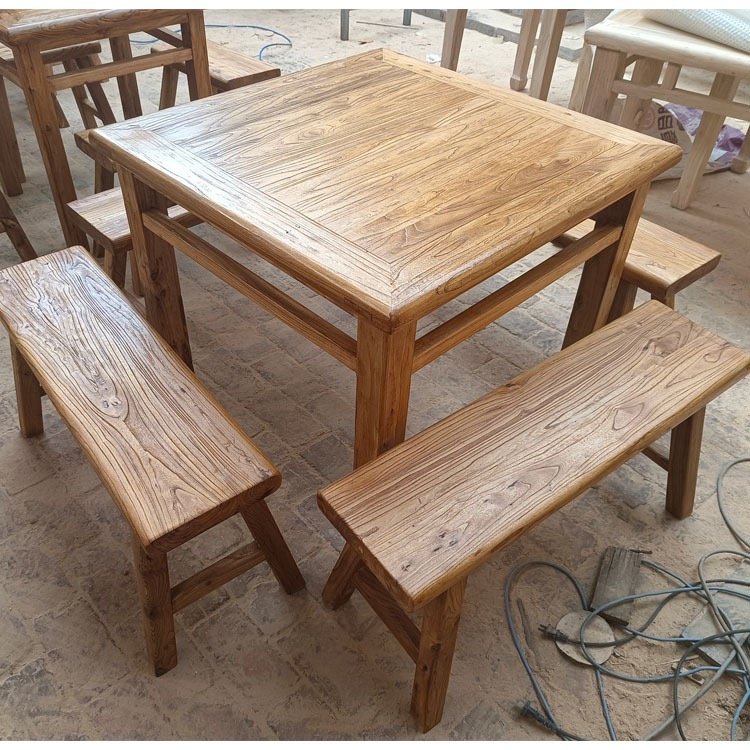 Old Yumu Retro Weathered Solid Wood Furniture Square Dining Table with Long Bench and Zen Elf for Living Room and Hotels