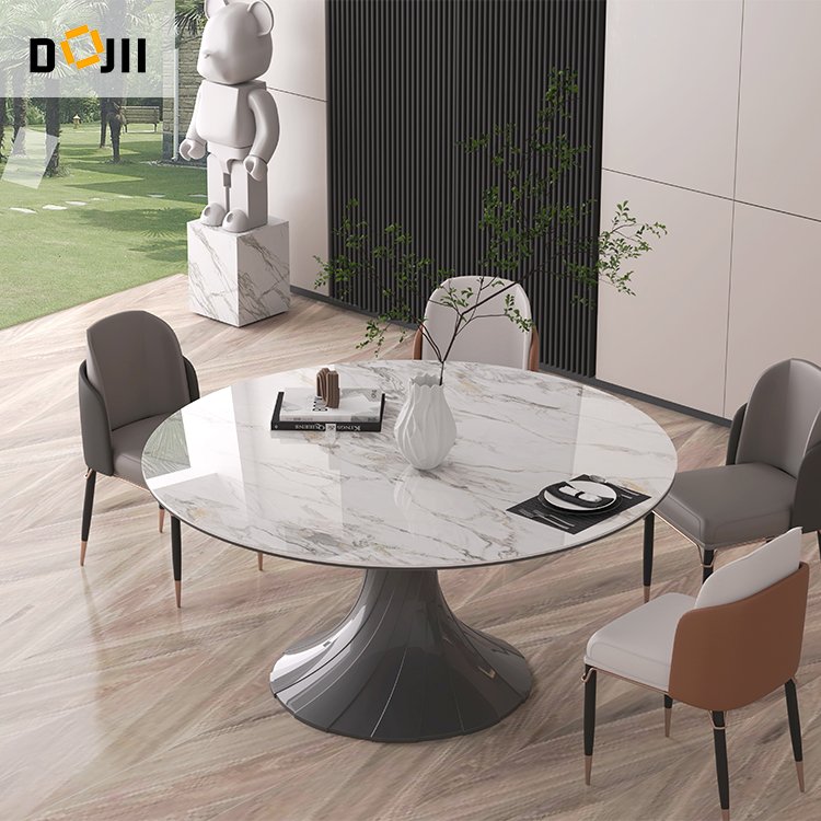 Chinese Style Outdoor Round Desk Sintered Stone Resin Dinning Table Set with Rotating Centre and Chairs for 6 & 8 People Seater