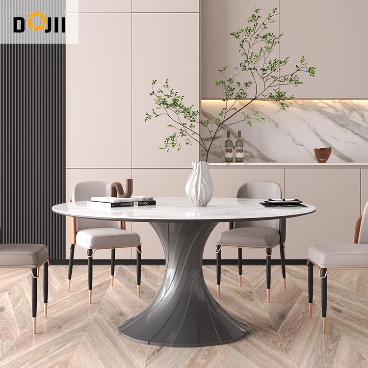 Chinese Style Outdoor Round Desk Sintered Stone Resin Dinning Table Set with Rotating Centre and Chairs for 6 & 8 People Seater