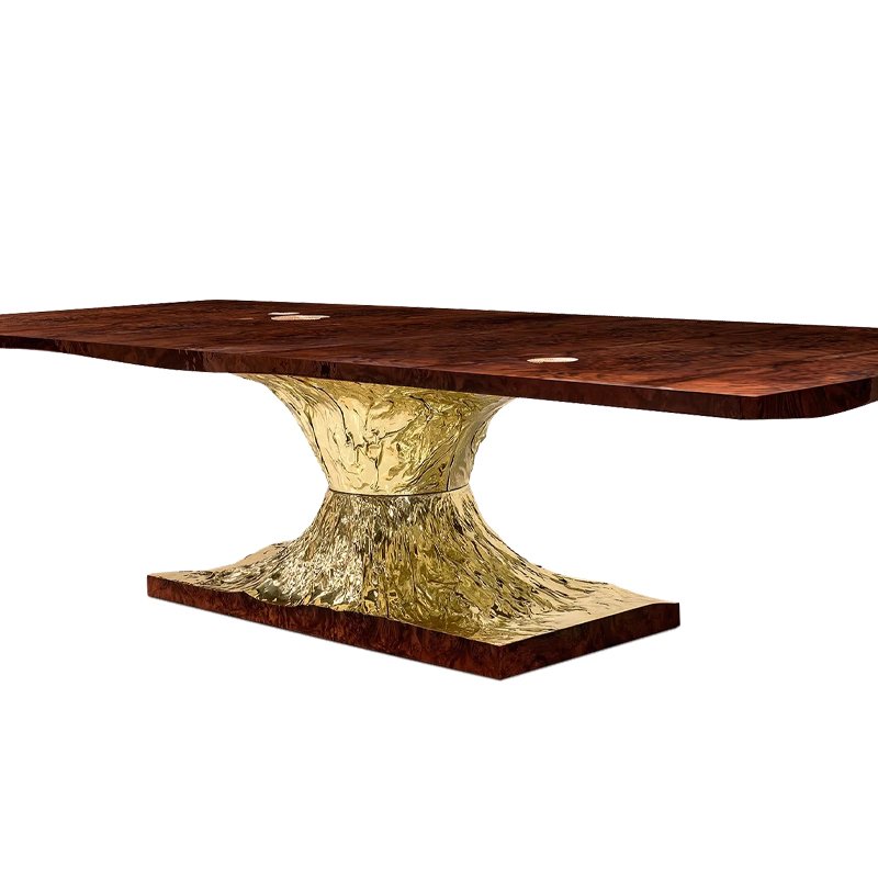 High end customizable walnut rectangular family dining table for multiple people, made of brass