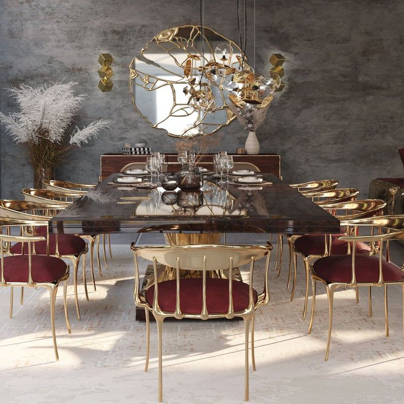 High end customizable walnut rectangular family dining table for multiple people, made of brass