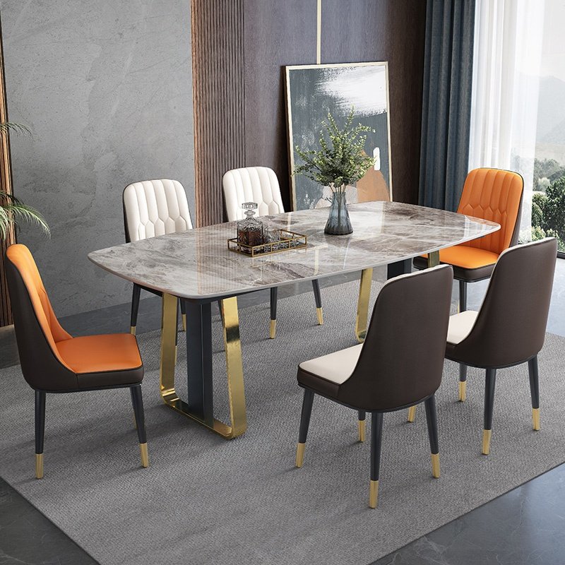 Luxury golden stainless steel rectangular dining table with marble top modern dining room furniture table and chair