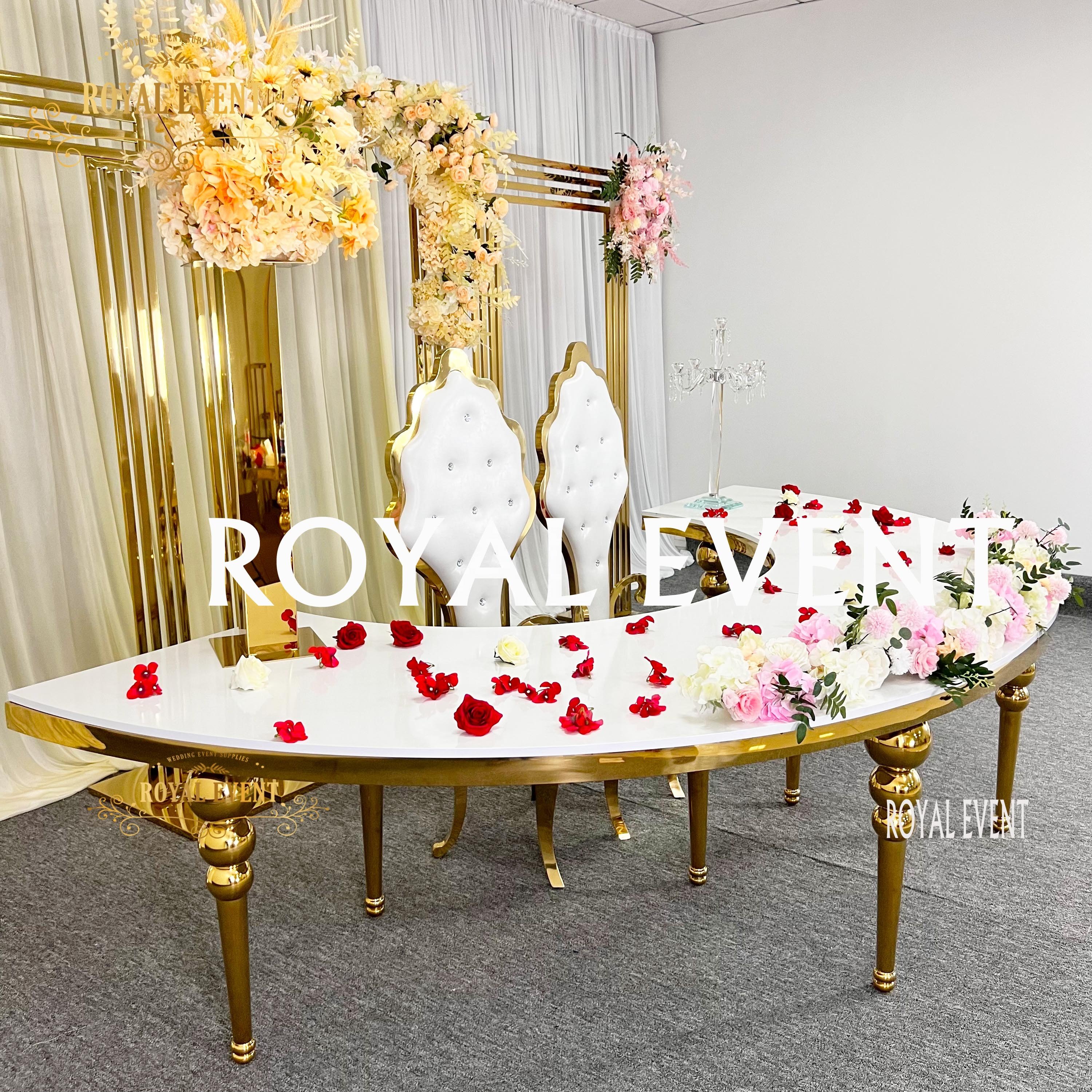 Hot sale moon wedding table for bride and groom Stainless Steel half round Dining Table golden hotel dining table for event