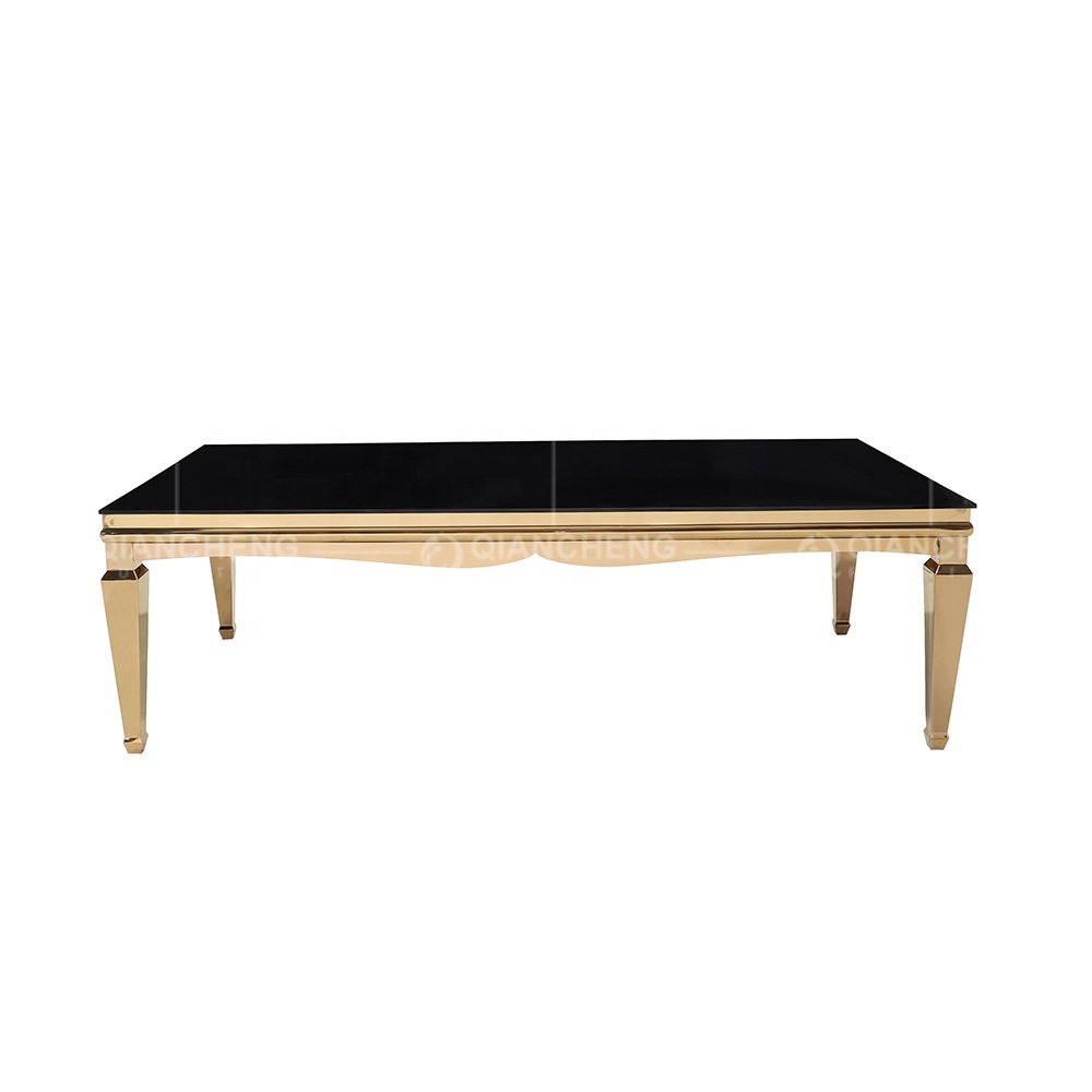 Luxury dubai hotel banquet dining tables metal frame high quality mdf top gold mirror wedding tables