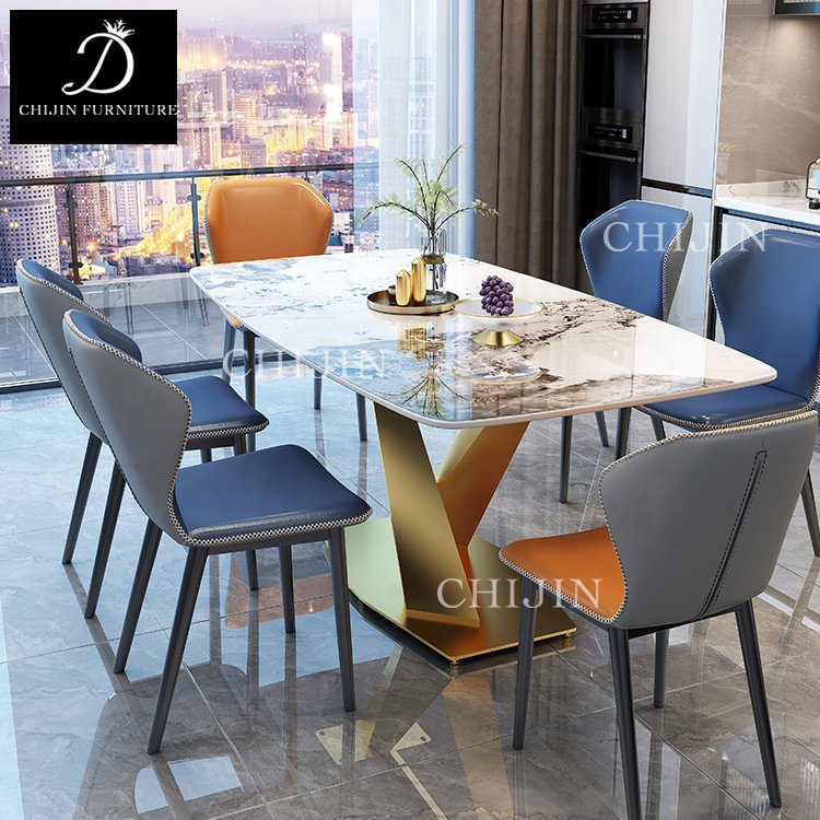 Modern Light Luxury Stainless Steel Square Dining Table Kitchen Marble Dining Table Furniture Set