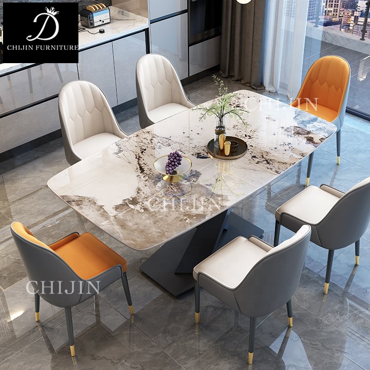 Modern Light Luxury Stainless Steel Square Dining Table Kitchen Marble Dining Table Furniture Set