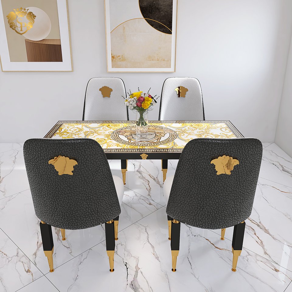 Black gold white Italy glass slate sintered stone dining table living room furniture metal 4 seats dining table and chair set