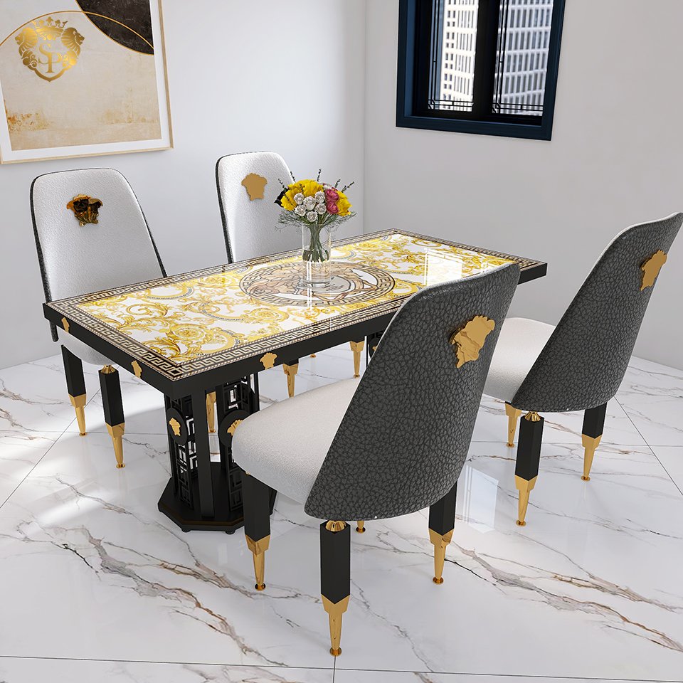 Black gold white Italy glass slate sintered stone dining table living room furniture metal 4 seats dining table and chair set