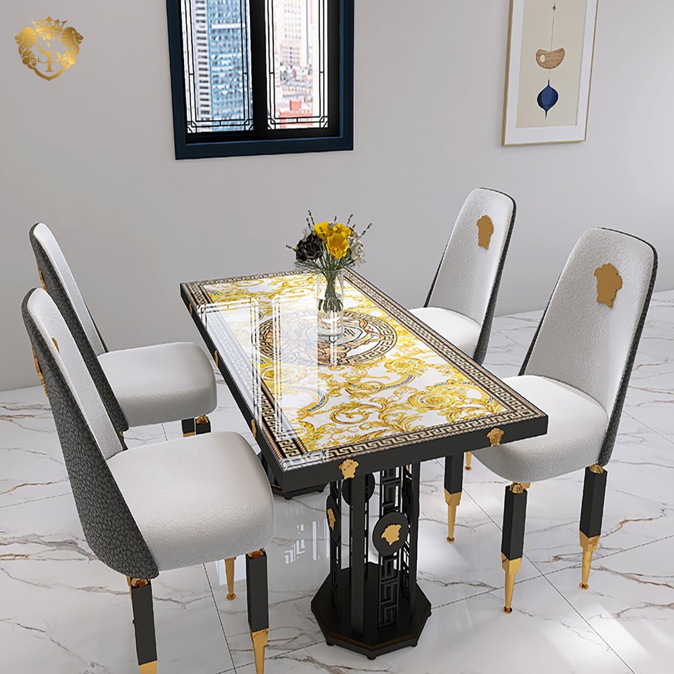 Black gold white Italy glass slate sintered stone dining table living room furniture metal 4 seats dining table and chair set