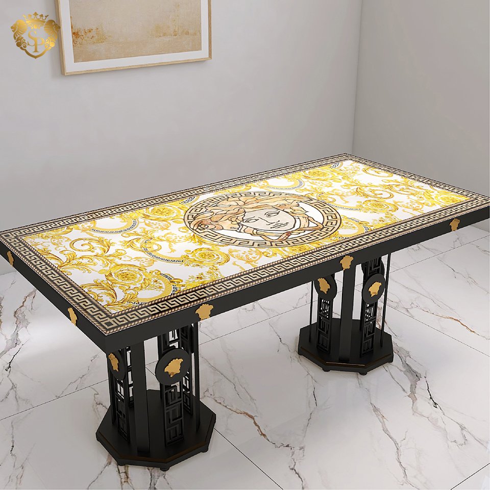 Black gold white Italy glass slate sintered stone dining table living room furniture metal 4 seats dining table and chair set