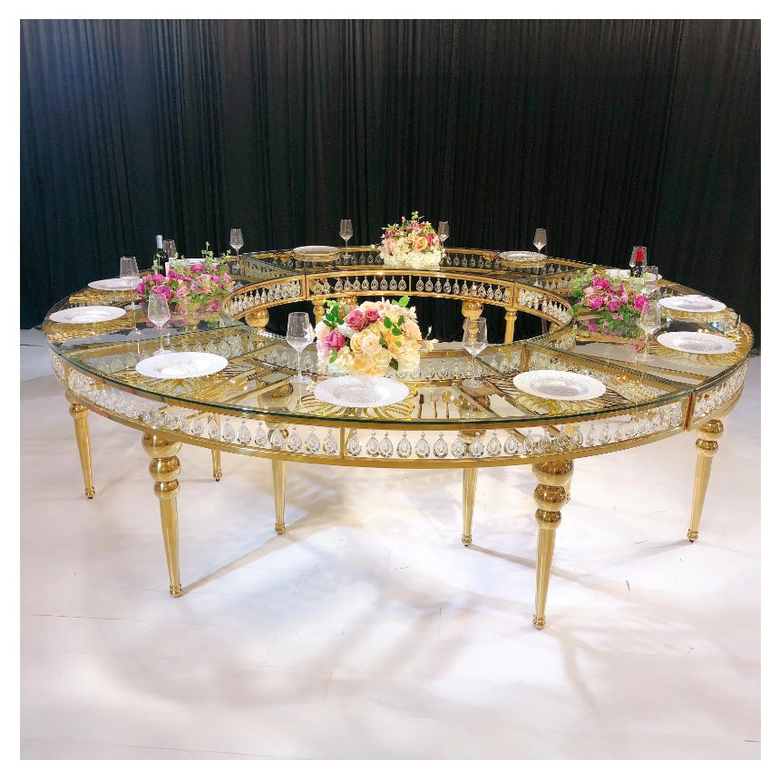 Wholesale hotel wedding dining tables gold stainless steel event table with mirror glass table top