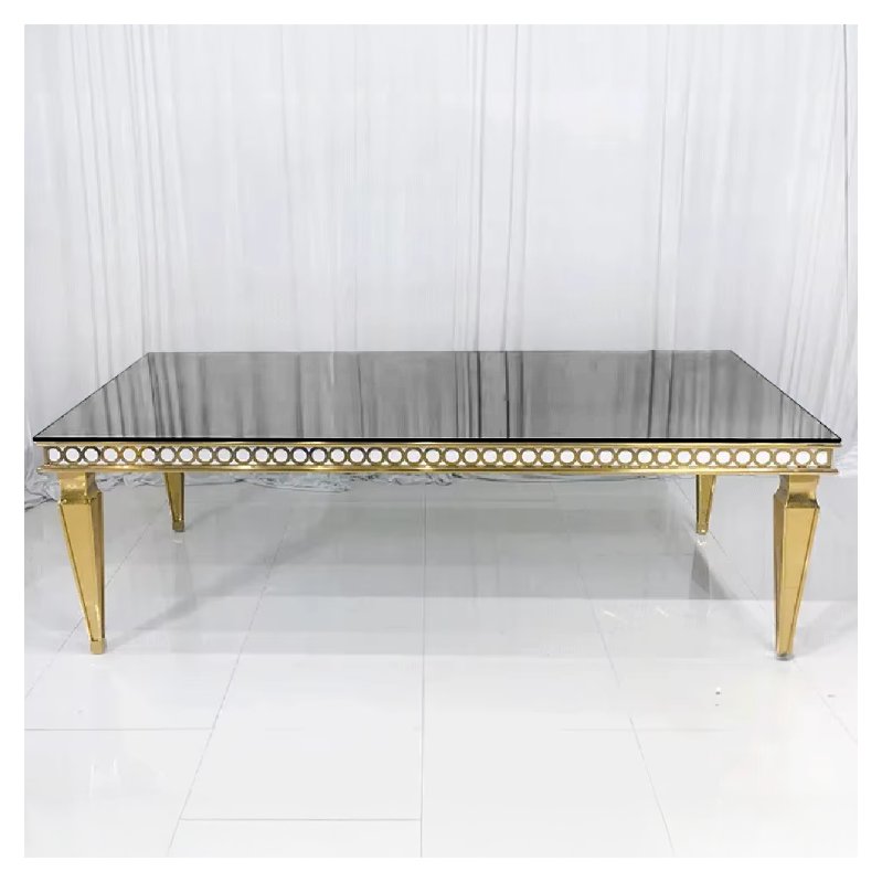 Wholesale hotel wedding dining tables gold stainless steel event table with mirror glass table top