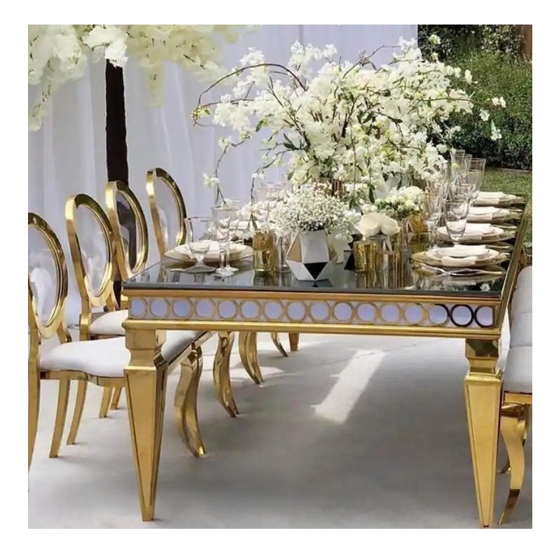Wholesale hotel wedding dining tables gold stainless steel event table with mirror glass table top