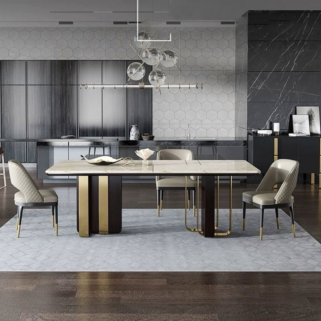 Factory Customized Stainless Steel Base Faux Marble Paper Marble Dining Table Can Match 6-8 Chairs for Home Villa with Low Price