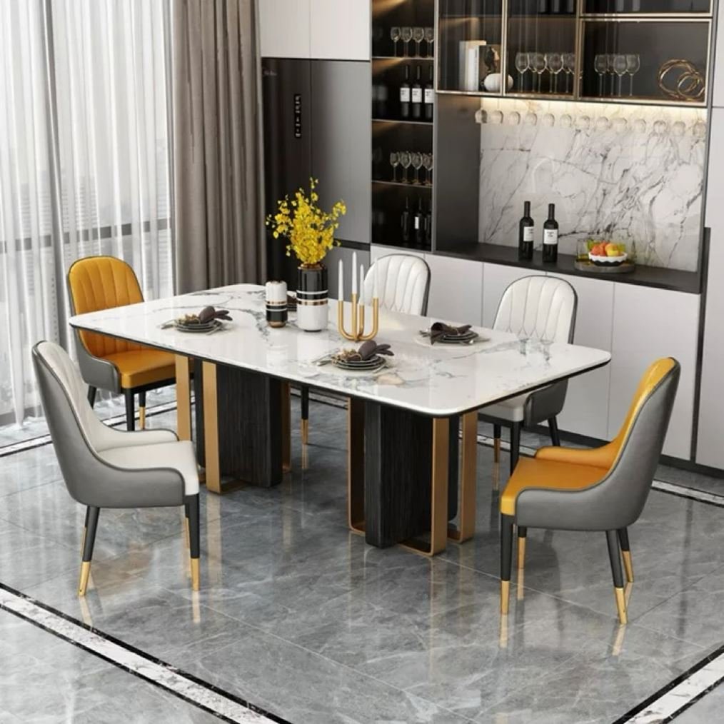 Factory Customized Stainless Steel Base Faux Marble Paper Marble Dining Table Can Match 6-8 Chairs for Home Villa with Low Price