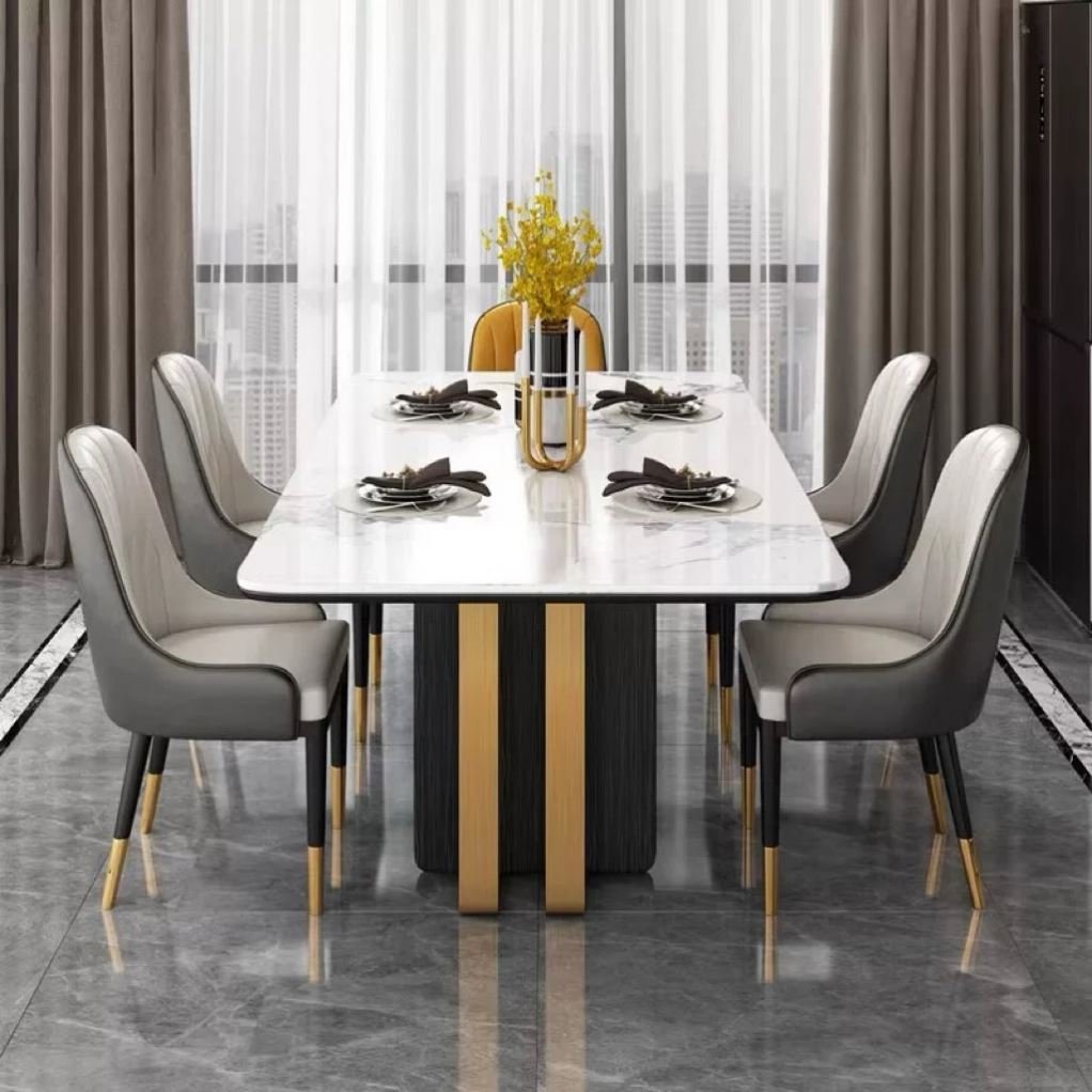 Factory Customized Stainless Steel Base Faux Marble Paper Marble Dining Table Can Match 6-8 Chairs for Home Villa with Low Price