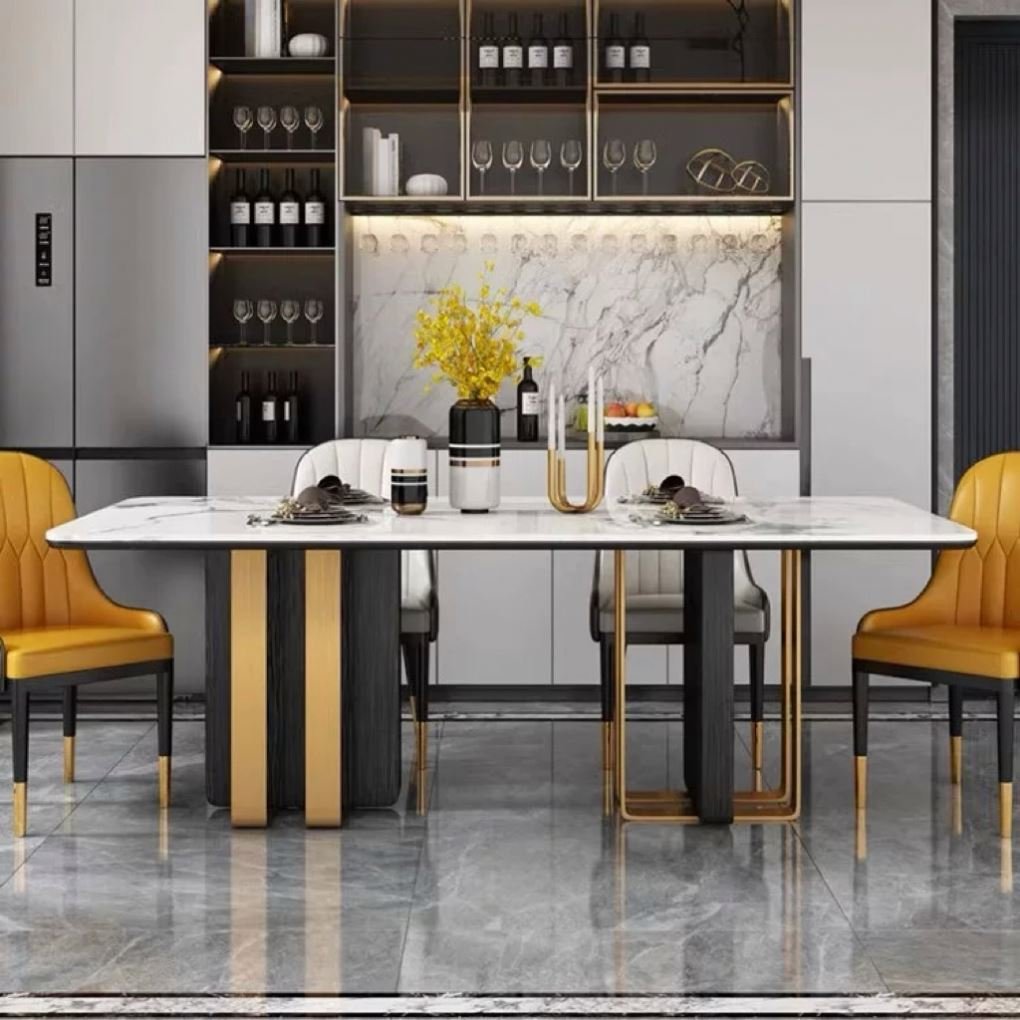 Factory Customized Stainless Steel Base Faux Marble Paper Marble Dining Table Can Match 6-8 Chairs for Home Villa with Low Price