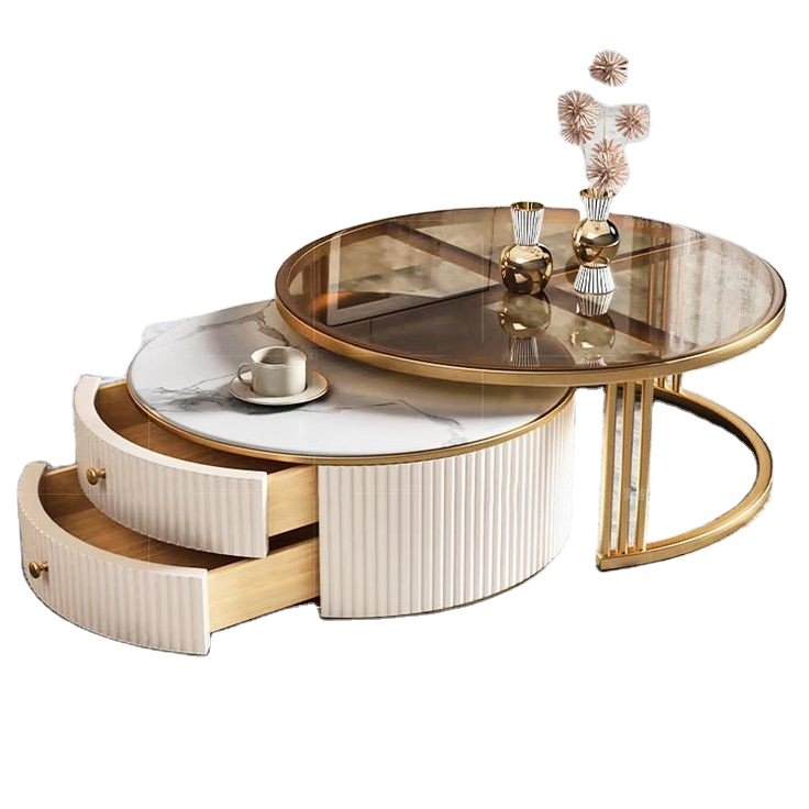 Modern Chic Round Nesting Coffee Table with Storage White Stone Coffee Table Set of 2 Combination Coffee Table Marble Adjustable