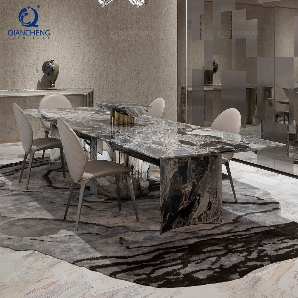 Foshan furniture online imported marble 8 seater dinning room table set 6 chair modern luxury ss steel marble dining table