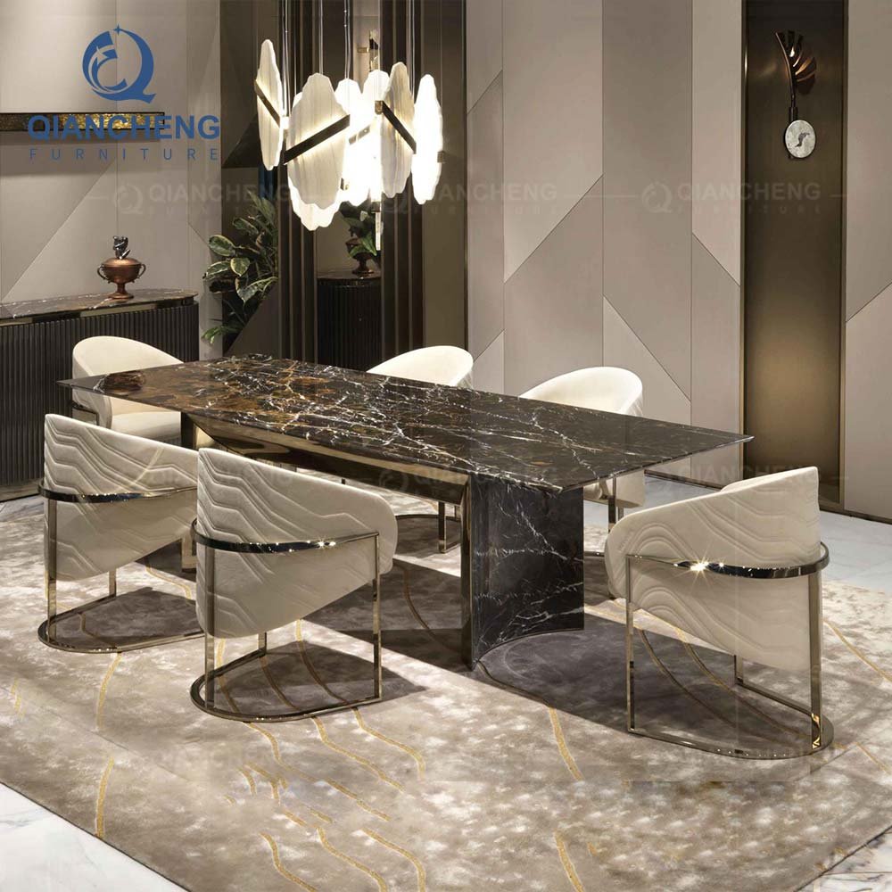Foshan furniture online imported marble 8 seater dinning room table set 6 chair modern luxury ss steel marble dining table