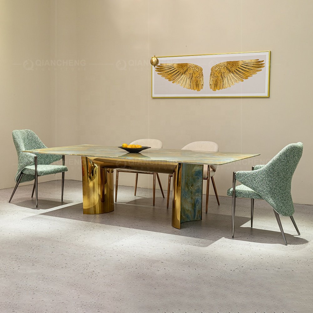 Foshan furniture online imported marble 8 seater dinning room table set 6 chair modern luxury ss steel marble dining table