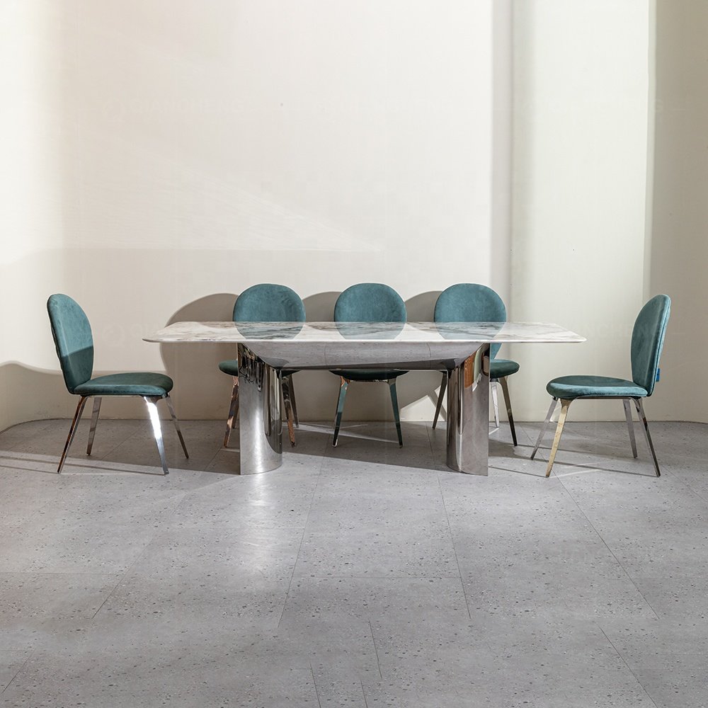 Foshan furniture online imported marble 8 seater dinning room table set 6 chair modern luxury ss steel marble dining table