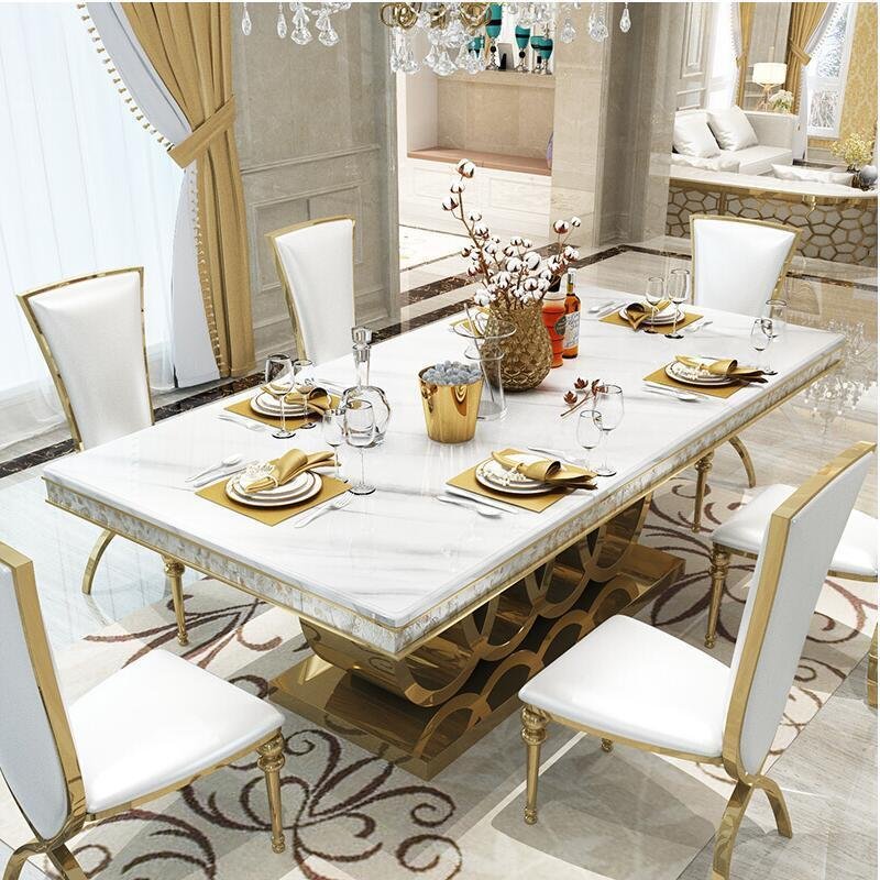 Italian high end dining room furniture stainless steel dinning table sets luxury 6 chairs modern marble dining table set