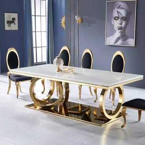 Luxury Royal Style Hotel Dining Marble Table and Stainless Steel Chair Furniture Set