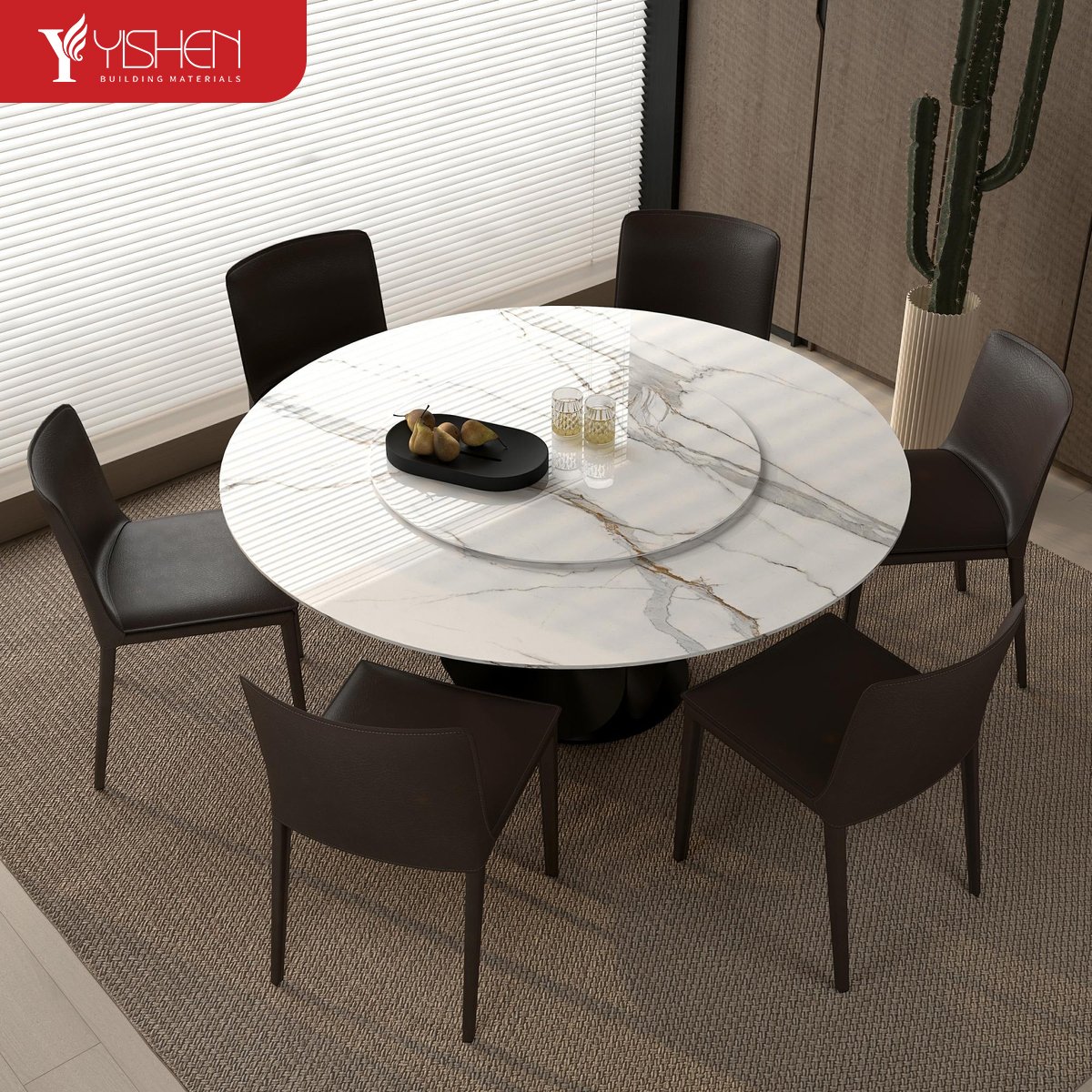 One-Stop Service Interior Sintered Stone Dining Table High Glossy Polished Round Dining Table With Carbon Steel Base