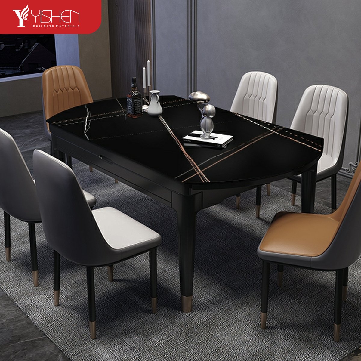 One-Stop Service Interior Sintered Stone Dining Table High Glossy Polished Round Dining Table With Carbon Steel Base