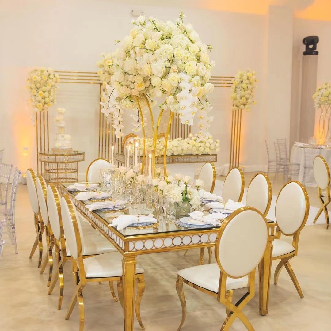Modern gold stainless steel dining table and rectangular wedding table glass banquet party event weeding banquet tables