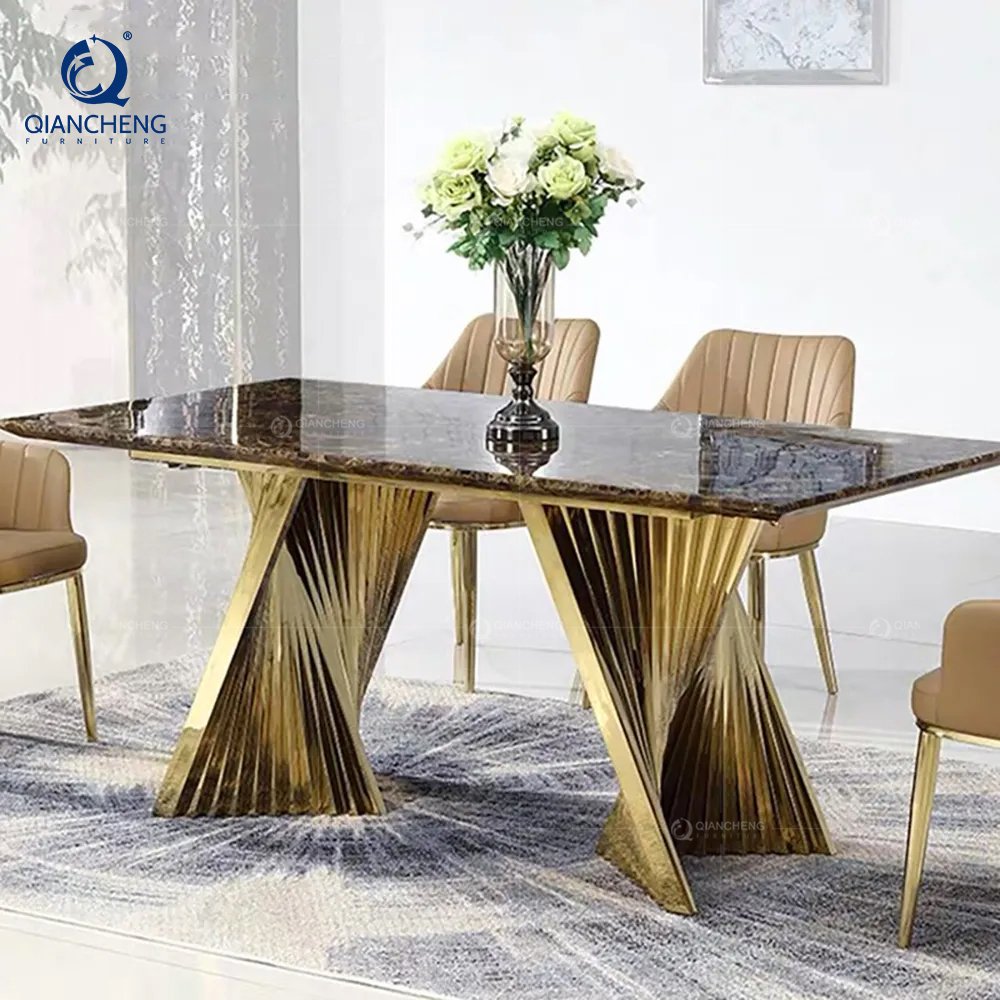 QIANCHENG long living room diner center luxury ceramic dining table set european rectangular marble dinning tables