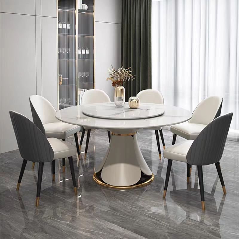 Italian Luxury Dining Room Furniture Modern White Rock Plate Round Dining Table with Stainless Steel Base and Rotating Turntable