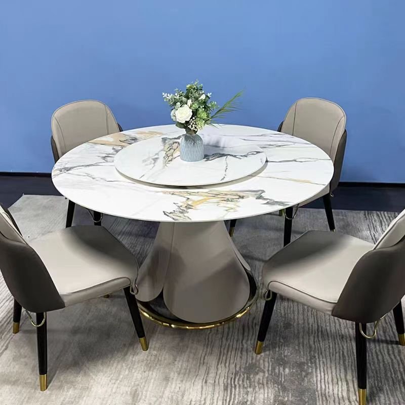 Italian Luxury Dining Room Furniture Modern White Rock Plate Round Dining Table with Stainless Steel Base and Rotating Turntable