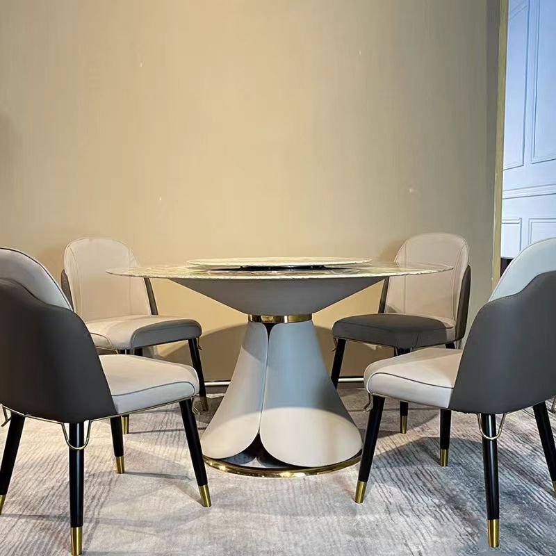 Italian Luxury Dining Room Furniture Modern White Rock Plate Round Dining Table with Stainless Steel Base and Rotating Turntable